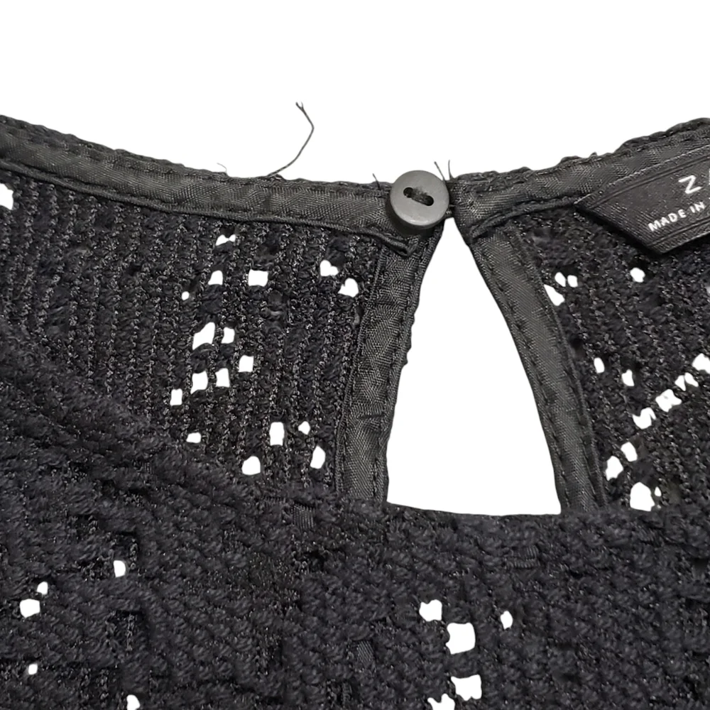 Zara Woman Black Crochet Knit Lace Top  Medium Bell Sleeve Whimsigoth Boho Witch